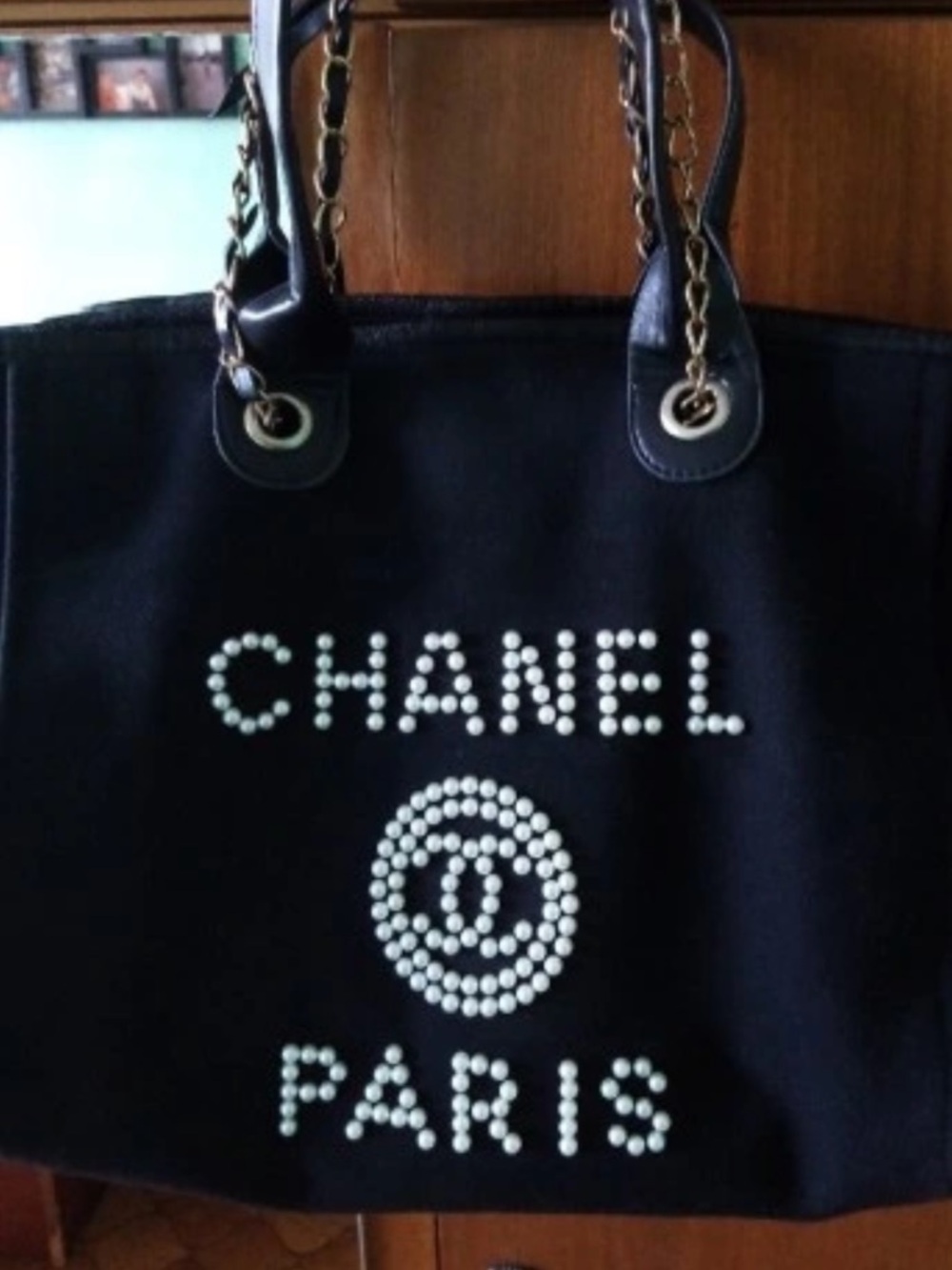 Black Pearl-Embellished Canvas Tote